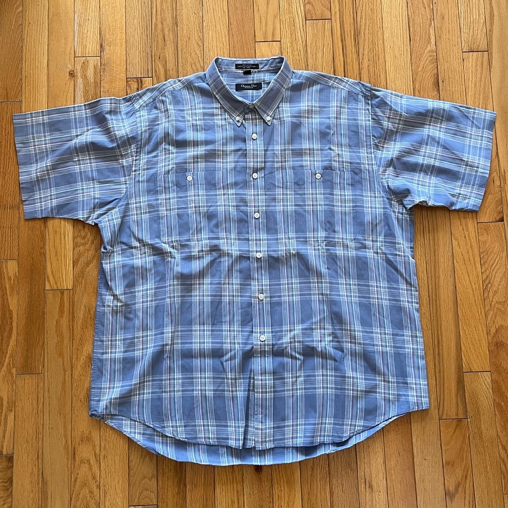 VTG Monsieur Dior Plaid Button Shirt 80s 90s USA France Blue Gray Button Collar